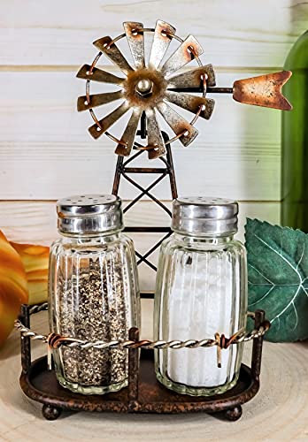 Ebros 6.5″Tall Rustic Country Farm Agricultural Windmill Outpost Salt And Pepper Shakers Holder Display Stand Set Western Kitchen Dining Home Decor Centerpiece In Aged Bronze Finish