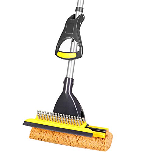 Yocada Sponge Mop Home Commercial Use Tile Floor Bathroom Garage Cleaning with Squeegee and Extendable Telescopic Long Handle 41-53 Inches Easily Dry Wringing