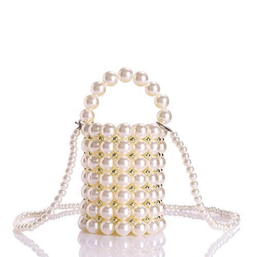 YUSHINY Beaded Handbag for Women White Pearl Decoration Evening Bags with Detachable Chain Inner Bag