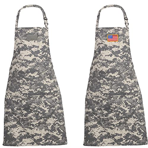 SOMIDE 2 PK Adjustable Bib Camo Aprons, 2 Large Pockets, Cooking Kitchen BBQ Grilling Home Picnic Aprons for Women Men Chef