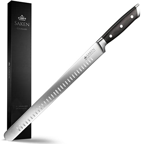 SAKEN 12-inch Granton Edge Slicing Knife – High-Carbon German Steel Carving Knife with Satin-Finished Black Ergonomic Handle – Multipurpose Slicing Kitchen Knife for Meat, Fish, Brisket, Veggies