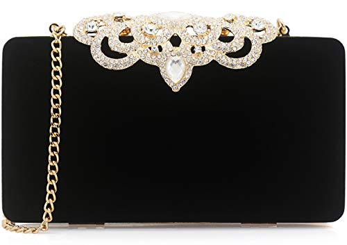 Dexmay Velvet Clutch with Rhinestone Crystal Crown Clasp Evening Bag for Formal Party Black Medium