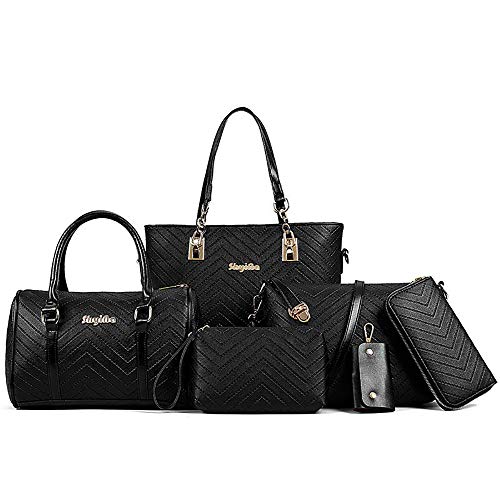 Women Handbags Set 6 Pcs PU Leather Top Handle Purse Shoulder Bag Purse Wallet Crossbody Bag Set, Black