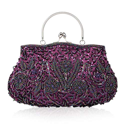 Women Vintage Beaded Evening Clutch Vintage Design Sequin Floral Top-handle Handbag Party Wedding Purse Wallet (Purple)