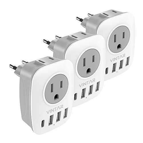 [3-Pack] European Travel Plug Adapter, VINTAR International Power Adaptor with 2 American Outlets, 1 USB C and 3 USB Ports, 6 in 1 Travel Essentials to France, German, Italy, Spain (Type C)