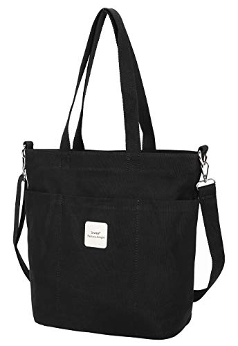 Iswee Canvas Tote Bag Women Shoulder Bag Casual Top Handle Bag Cross-body Handbags (Black)
