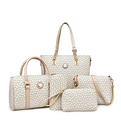 Women Handbags Set 6 PCS Tote Shoulder Crossbody Bags Clutch Top Handle Satchel Purse, Off-white, 1