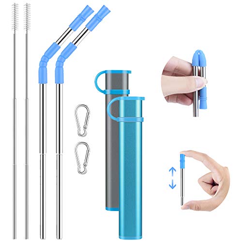 Reusable Collapsible Straw, Portable Stainless Steel Drinking Straw with Case, Keychain and Cleaning Brush for Travel, Party, Outdoor and Home Use (Blue and Grey Case Turquoise Tips)