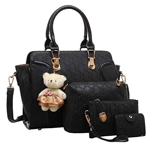FiveloveTwo Women Ladies 4Pcs Handbag Set Tote Satchel Shoulder Bag PU Top Handle Bag Purse Clutch Card Holder with Bear Ornament Black