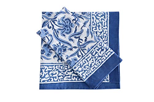 ATOSII Midnight Bloom Blue White Cloth Napkins, Handblock Print 100% Cotton Designer Set of 4 Table Linen, Perfect for Dinners, Weddings, Cocktail, Kitchen, Thanksgiving/Christmas 20″ X 20″ Inches