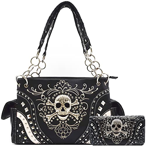 Sugar Skull Rose Heart Flower Day of the Dead Concealed Carry Purse Women Handbag Shoulder Bag Wallet Set (#2 Black Set)