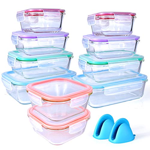 [20 Piece] Glass Food Storage Airtight & Leakproof Containers Set with Snap Lock Lids, Bonus 2 Oven Silicone Gloves, Safe for Dishwasher, Oven, Microwave,Freezer, BPA Free
