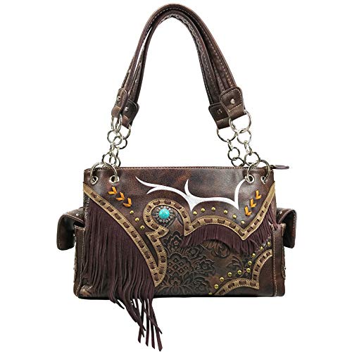 Zelris Women Shoulder Handbag Turquoise Concho Suede Fringe Two Tone Cowgirl Conceal Carry Purse (Western Brown)