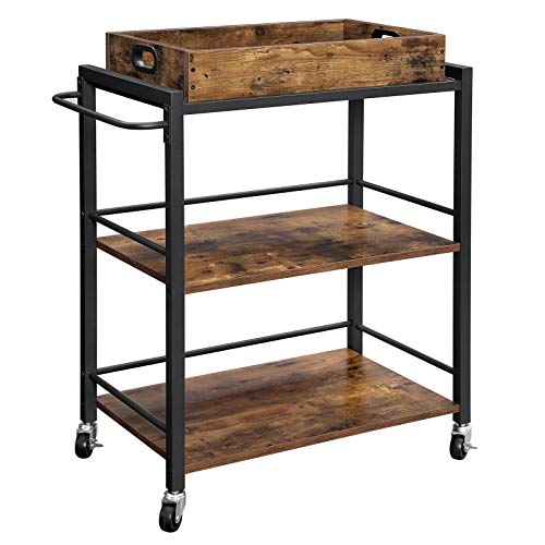 VASAGLE Bar Cart, Kitchen Serving Cart, Utility Cart with Wheels and Handle, Universal Casters with Brakes, Leveling Feet, Rustic Brown and Black ULRC72X