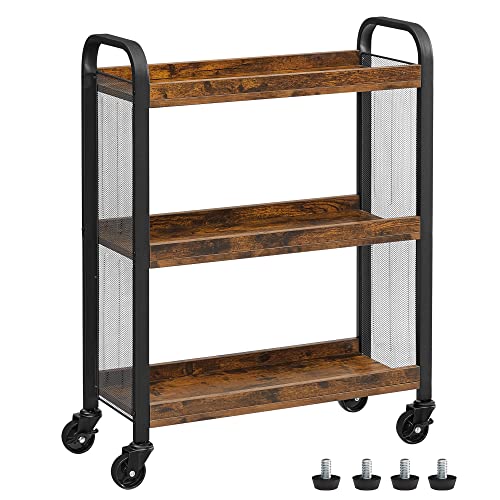 VASAGLE Serving Cart, Slim Kitchen Cart for Narrow Spaces, Rolling Storage Cart and Organizer Utility Cart with Wheels, Easy Assembly, for Kitchen, Bathroom, Rustic Brown and Black ULRC66BX