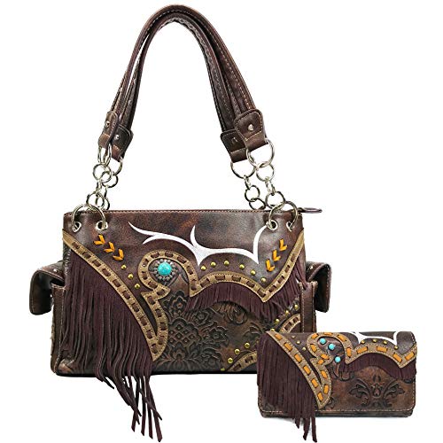 Zelris Women Shoulder Handbag Wallet Set Turquoise Concho Suede Fringe Two Tone Cowgirl Conceal Carry Purse (Western Brown)