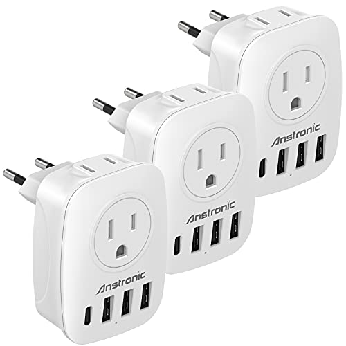 [3-Pack] European Travel Plug Adapter, Anstronic International Power Adaptor with 2AC Outlets & 3USB-A & 1USB-C Charger from USA to Most of Europe EU Spain Germany France Italy Israel(Type C)