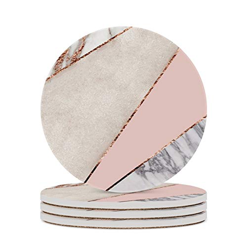 Set of 4 Absorbent Round Coasters for Drinks 4 inch – Ceramic Stone Cup Mat Water Absorb Spill Coaster with Non-Slip Cork Backing for Mugs and Cups – Spliced Rose Gold Grey Marble
