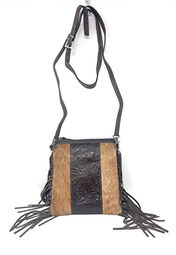 Western Genuine Tooled Leather Cowhide Fur Fringe Womens Crossbody Bag in 3 Colors (Brown2)