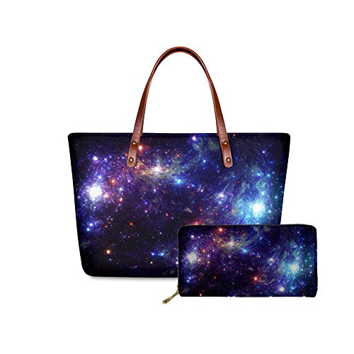 JEOCODY Long Wallet Women Galaxy Starry Sky Outer Space Constellation Purse Travel Phone Card Clutch Girls Tote Shoulder Bag for School Shopping Beach Gift for Ladies 2 Pieces
