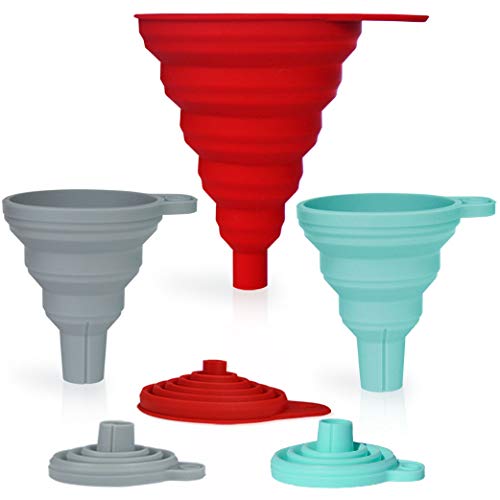 Stolphi Silicone Collapsible Funnel Set of 3 for Filling Bottles, Liquids or Dry Goods, Kitchen Gadgets, Food Grade, Premium Quality, Durable, Aqua, Gray and Red (3 Pack)