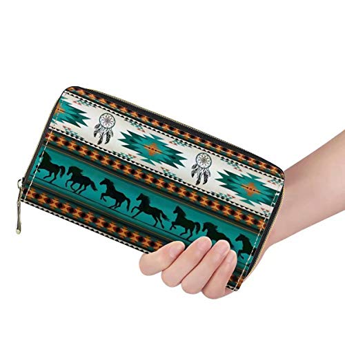 TSVAGA Turquoise PU Leather Wallets Long Style Zip Around with Aztec Horse Printed for Women Girls Travel Shopping Daily Use Hand Purse RFID Blocking Cluch Bag Credit Card,Coin Storage Money Clip