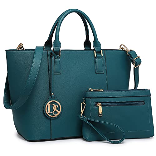 Dasein Women’s Handbags Purses Large Tote Shoulder Bag Top Handle Satchel Bag for Work (5-Teal Blue + Matching Wallet)