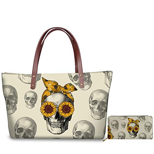 JEOCODY Day of the Dead Mexican Skull Sunflower Decor Wallet Long Coin Purse Clutch Cell Phone Case Skeleton Top Handle Bag Large Beach Shopping Shoulder Bag Gift