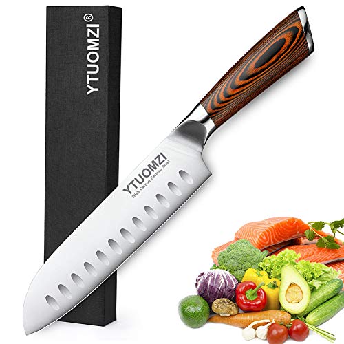 Ytuomzi Santoku Knife – 7″ Kitchen Knife Ultra Sharp Asian Knife Japanese Chef Knife – Vegetable Knife Cutlery – Hollow Ground German Steel Blade – Pakkawood Handle