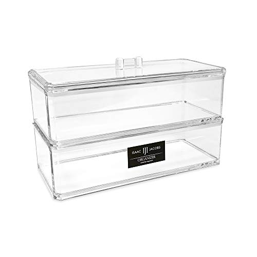 Isaac Jacobs Clear Acrylic Rectangular Stackable (2-Pack) Storage Organizer with Lid, Drawer Tray, Multi-Functional Tray, Bathroom, Kitchen, Home, Office, Desk, Drawers