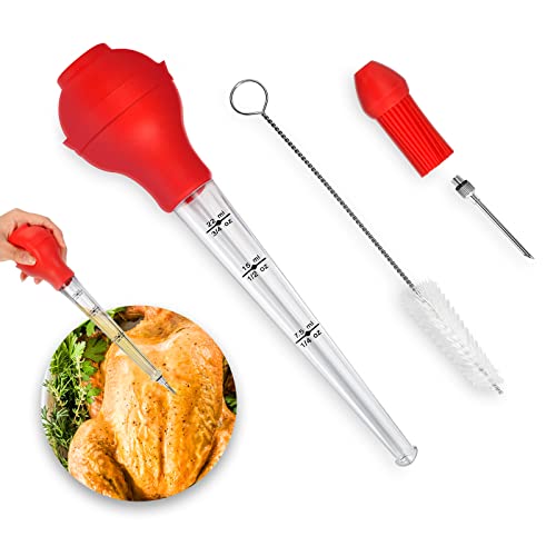 Kellowi Turkey baster, Food Grade Baster syringe for cooking and Home Baking Kitchen Tool，Quality Silicone Bulb baster Including Stainless steel Injector needles and brush for easy clean up，Red