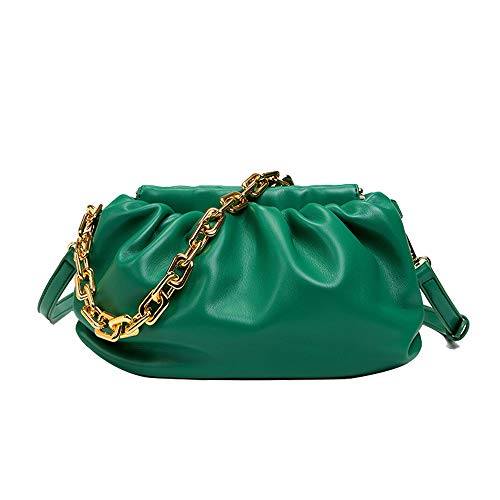 Women’s Chain Pouch Bag Cloud-Shaped Dumpling Clutch Purse Fashion Trendy Shoulder Crossbody Handbag Ruched Chain Link Bag (Green)