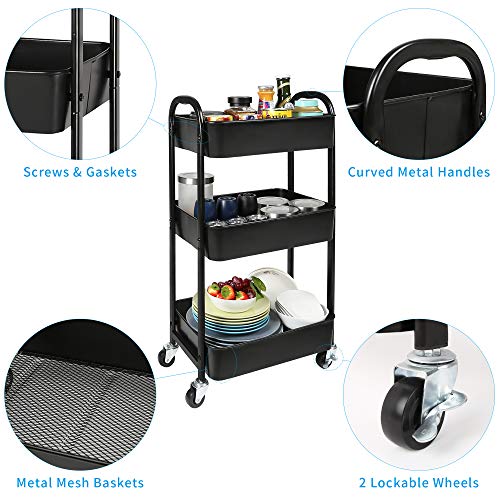 3-Tier Rolling Utility Cart with Caster Wheels,Easy Assembly, for Kitchen, Bathroom (Black) | The Storepaperoomates Retail Market - Fast Affordable Shopping