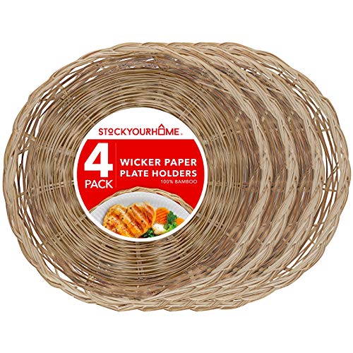 Stock Your Home 10-Inch Bamboo Paper Plate Holder (4 Count) – Heavy Duty Wicker Reusable Paper Plate Holders – Natural Charger Plates