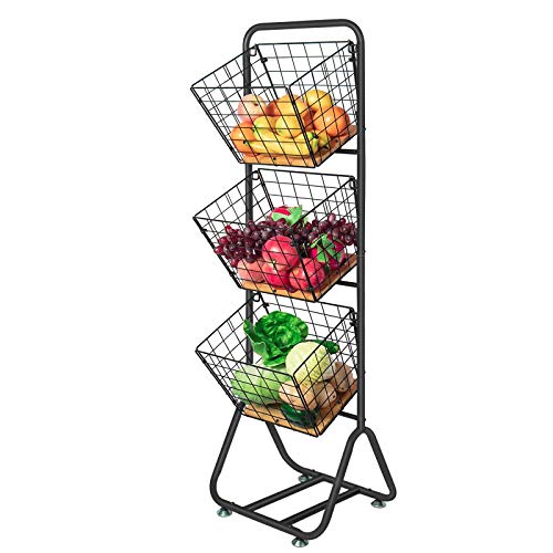 X-cosrack 3-Tier-fruit-Wire-Market-Basket-Stand Kitchen Snack Vegetable Metal baskets Storage Tiered Wire Basket Organizer Free-Standing for Fruit Vegetable Storage Pantry Bathroom (Bamboo)