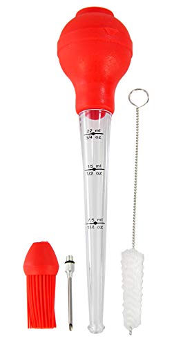 HOME-X Silicone Food Baster with Interchangeable Baster Needle and Sauce Brush, Cleaning Brush Included, 11″ L x 3″ W x 2 ¼” H, Clear/Red