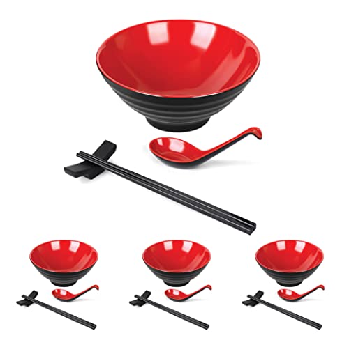 Annie’s Kitchen Japanese Ramen Bowl Set of 4 Naruto Ramen Bowl With Chopsticks and Stands – Large Ramen Bowls Pho Bowls and Spoons Set 16 Piece Melamine (Red)