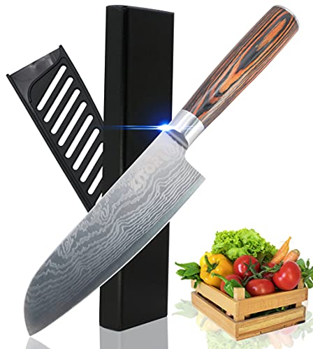KITORY Santoku Knife 5” Japanese Chef Knife Damascus Pattern Kitchen Knives with Sheath, German HC Steel, Pakkawood Handle, Sharp Asian Knife for Home and Restaurant with Gift Box – FLAMINGO SERIES