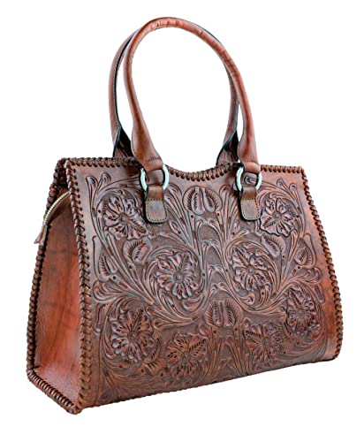 Mauzari Carlotta Women’s Large Tooled Leather Shoulder Bag Tote (Koa)