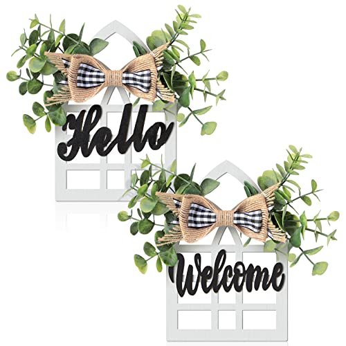 2 Pieces Farmhouse Window Tiered Tray Decorations Cathedral Arch Window Sign Wood Hello Welcome Sign Decor Farmhouse Window Decoration for Tiered Tray Shelf Table Counter