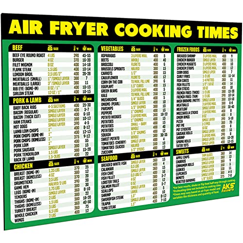 Air Fryer Cooking Times Magnetic Cheat Sheet – Extra Large Easy to Read 11” x 8.5” Airfryer Kitchen Accessory – Quick Reference Guide Magnet for Over 90 Popular Airfry Foods – Cook Healthy Meals Fast