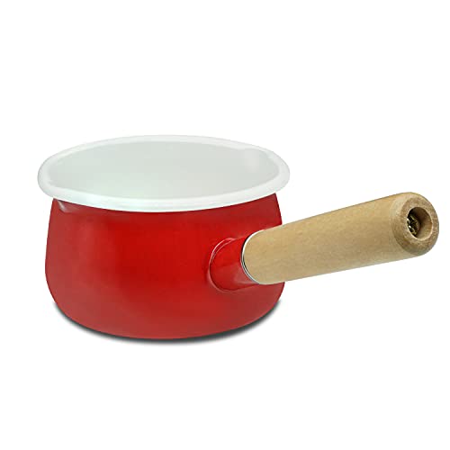 YumCute Home Enamel Milk Pan with Dual Pour Spout Butter Warmer Milk Pot for Stove Top Healthy White Enameled Inside Coating Iron 1QT Enamel Saucepan Small Soup Pot with Wooden Handle Handy Pot (Red)