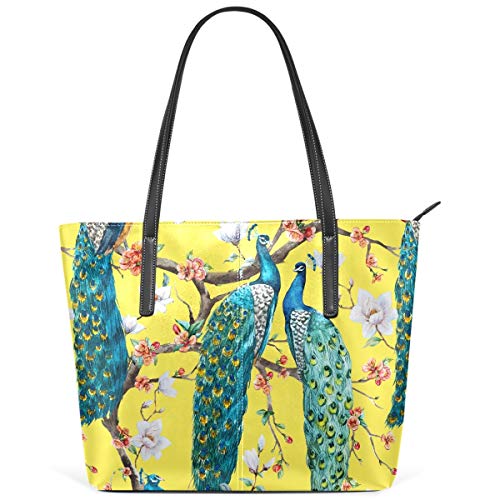 MNSRUU Tote Bag for Women Peacock White Floral On Yellow Shoulder Bag Big Capacity PU Leather Handbag