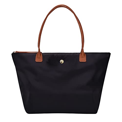 GM LIKKIE Shoulder Tote Bag for Women, Nylon Top-Handle Purse, Foldable Weekend Hobo Handbag (Black)