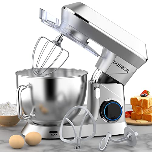 9.5QT Stand Mixer, DOBBOR 7 Speeds 660W Tilt-Head Kitchen Stand Mixer, Electric Food Mixers with Dough Hook, Whisk, Beater, Splash Guard & Mixing Bowl for Baking – Silver