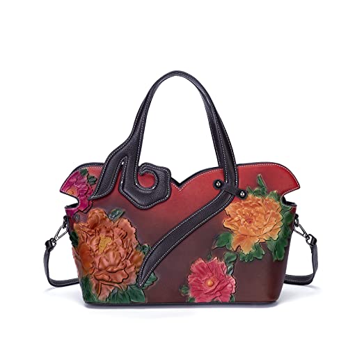 YHOK Designer Ladies Genuine Leather Handbags And Hobo Purses For Women Satchel Flower Handbag Shoulder Bags (Red)