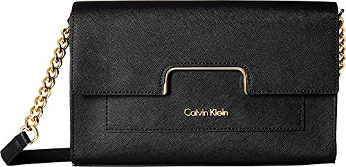 Calvin Klein Saffiano Leather Flap Crossbody Black/Gold One Size