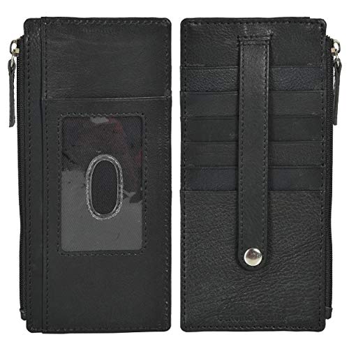 Leatherboss Genuine Leather Women’s All in One Credit Business Card Case Holder Slim Zipper Wallet With a Card Protection Strap, Black