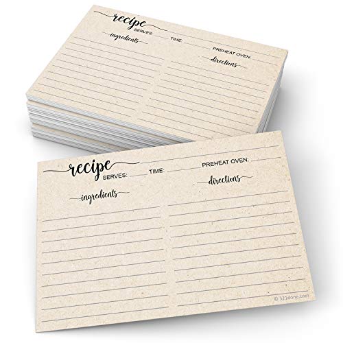 321Done Recipe Cards 4×6 Tan Simple Script, 50-Pack, Made in USA, Double-Sided Thick Cardstock, Cute Vintage Rustic Kraft Look for Bridal Shower Wedding Housewarming Gift