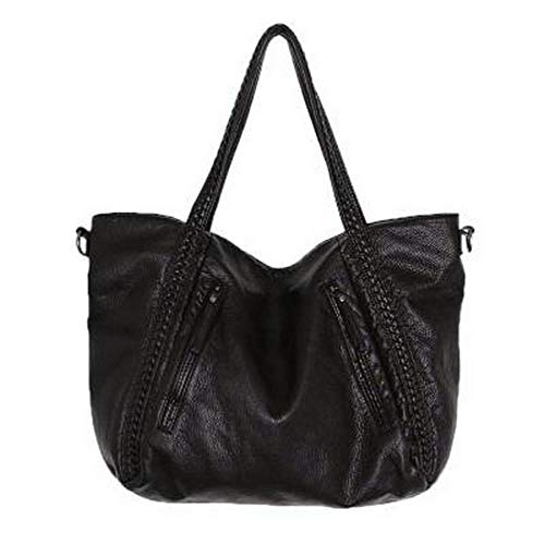 Oversized Slouchy Purse, Black Large Handbag Women Multi-pockets Hobo Top-handle Tote Soft Faux Leather Braided Shoulder Bag-Big Size